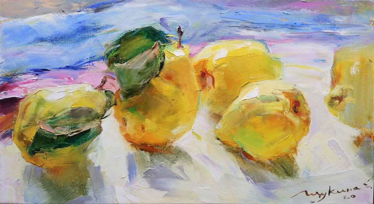 Impressionistic Still Life Oil Painting By Helen Shukina, 18 X 10, Sunny Quince, Original Artwork