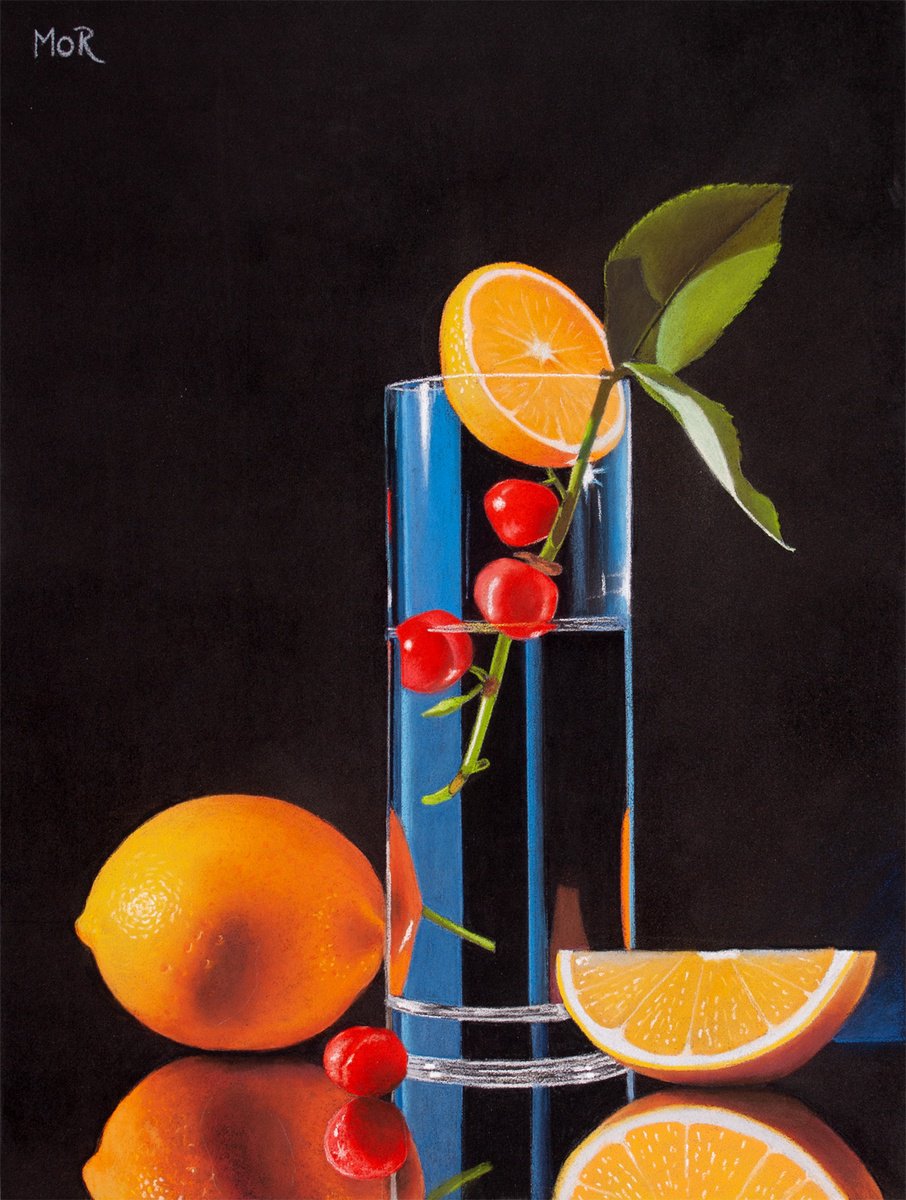 Photorealistic Still Life Pastel Drawing By Dietrich Moravec, 12 X 16, Glass And Citrus Reflections, Original Artwork