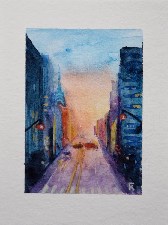 New York miniature watercolor painting, cityscape small original art