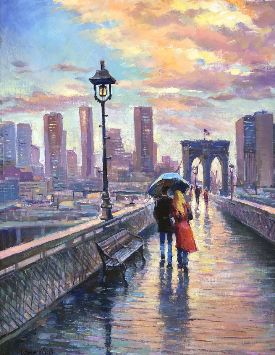Impressionistic Cityscapes Oil Painting By Vladimir Lutsevich, 16 X 20", The Brooklyn Bridge., Original Artwork