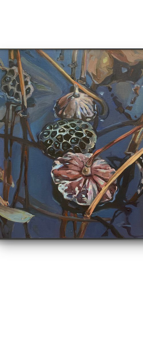 Lotus pond.Winter.Oil painting by Guzel Min