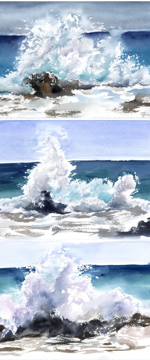 Wave crash on rock - triptych by Olga Tchefranov (Shefranov)