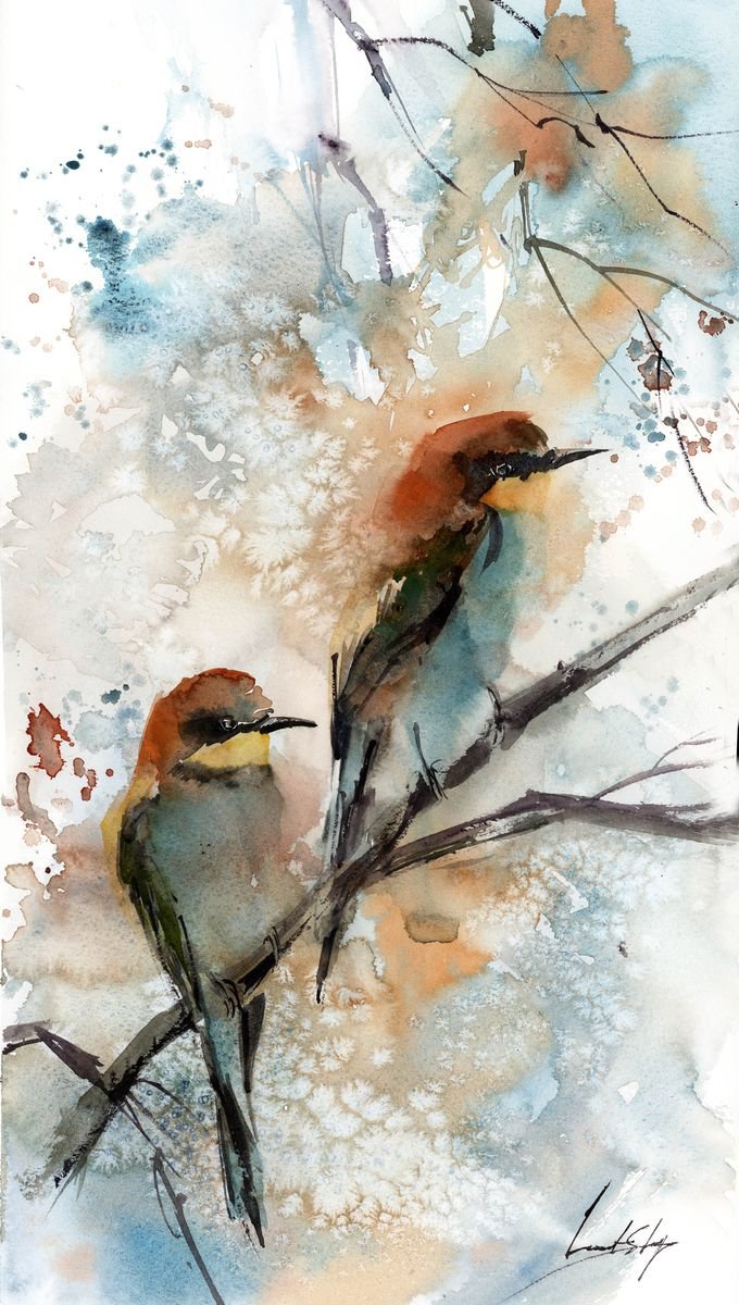 Bee eater birds couple watercolor painting by Sophie Rodionov