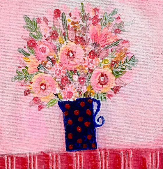 Vase of Flowers, 10x10cm small acrylic still life canvas board painting