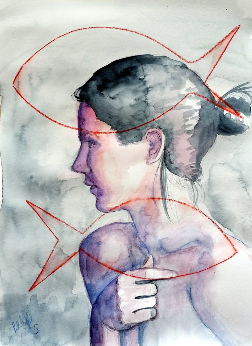 Illustrative Portrait Drawing By Paolo Beneforti, 9 X 13", Girl With Fish, Original Artwork