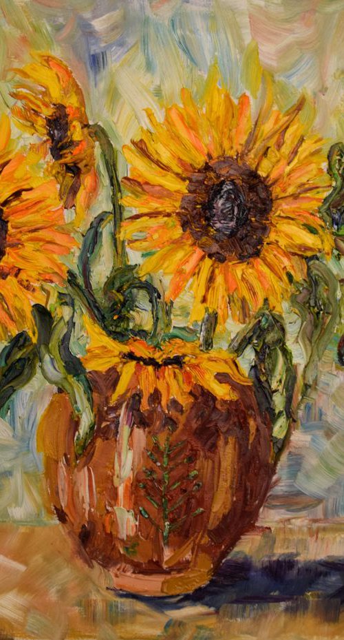 Sunflowers palette knife impasto oil painting on canvas by Kate Grishakova