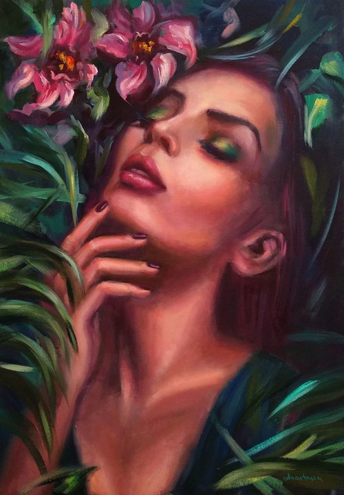 Sexy Girl in a Jungle Wild Flowers Orchids by Anastasia Art Line