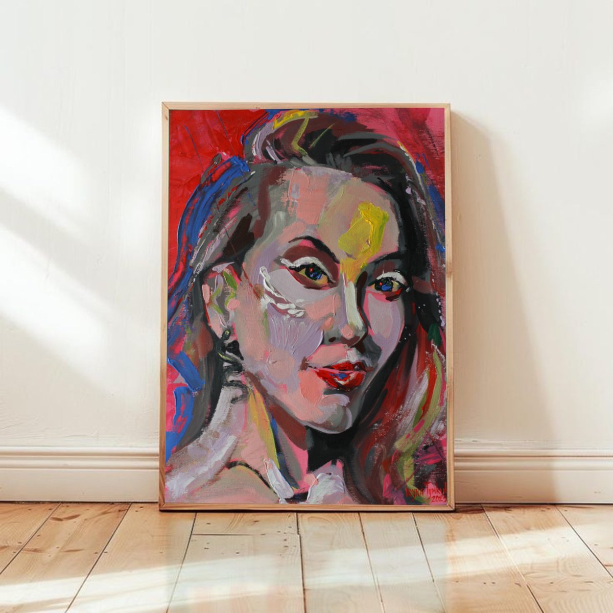 Expressive Portrait Acrylic Painting By Iryna Tymkul, 10 X 14, Scarlet Shimmer, Original Artwork