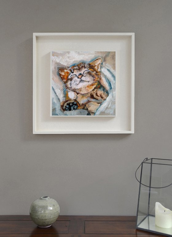 Sleeping Kitten Artwork Cat Oil Painting Funny Pet Wall Art