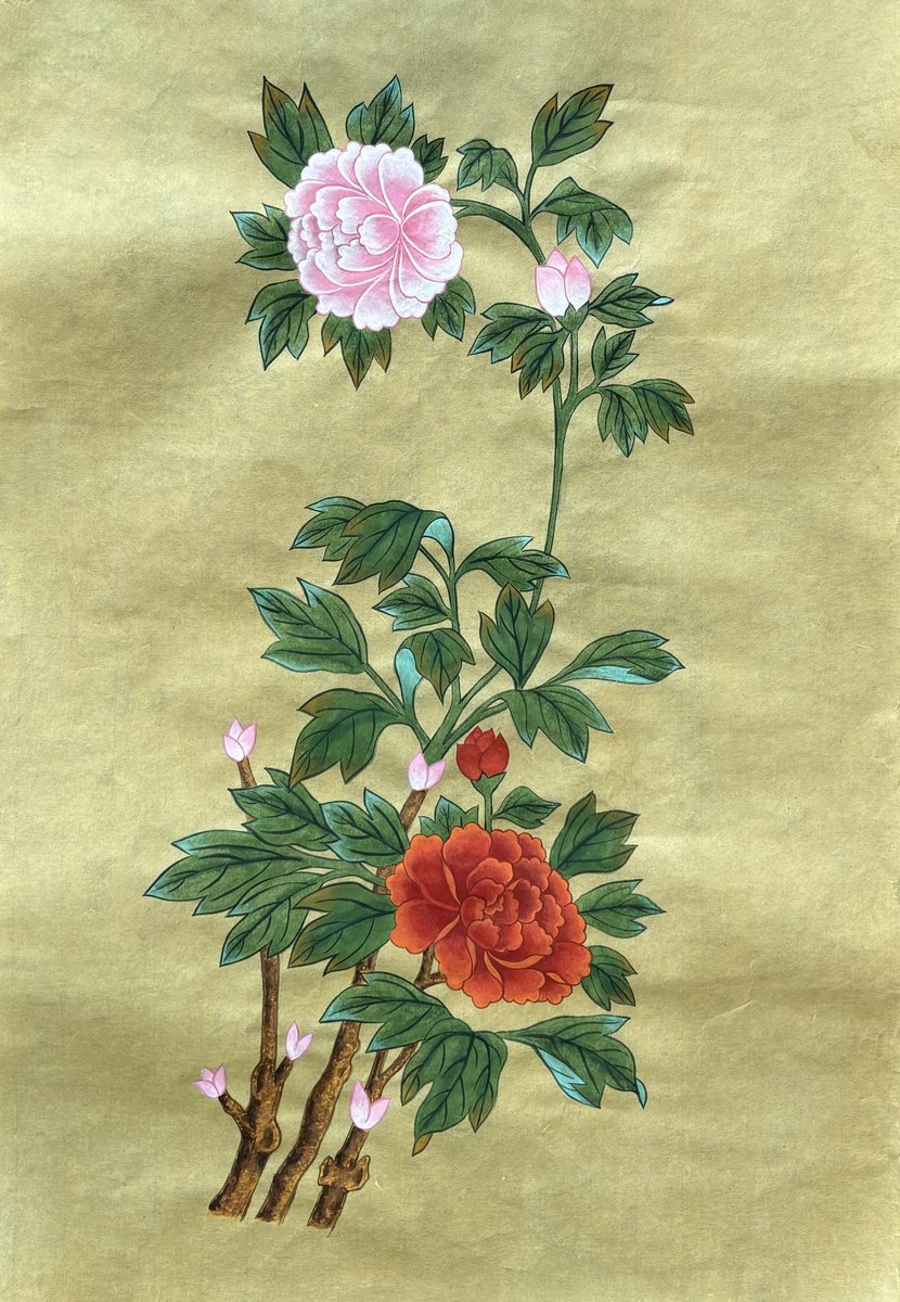 Botanical Painting By Sun-Hee Jung, 13 X 20", Peony Flowers, Original Artwork
