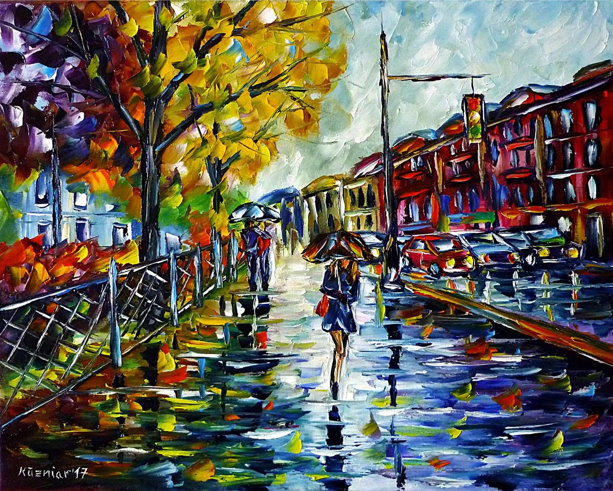 Expressive Cityscapes Oil Painting By Mirek Kuzniar, 20 X 16", Rainy Autumn In St. Petersburg, Original Artwork
