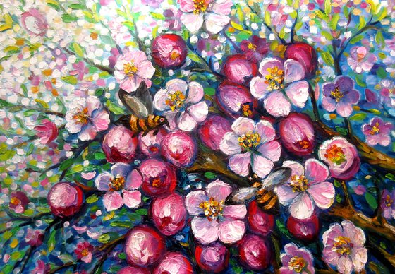 Apple Tree Blossom 18X24" Original Oil Painting by Nadia Bykova Floral Impasto