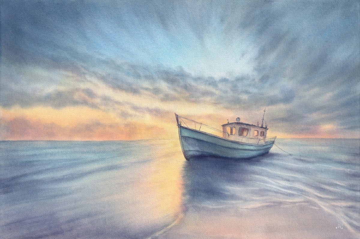 Impressionistic Landscape Watercolour By Kateryna Nazarenko, 22 X 15", Morning Solitude, Original Artwork