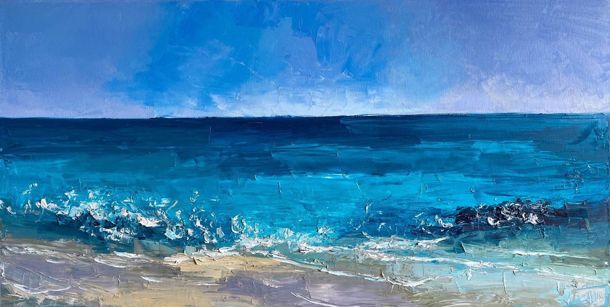Impressionistic Landscape Oil Painting By Mily Art, 39 X 20", Abstract Turquoise Ocean, Original Artwork