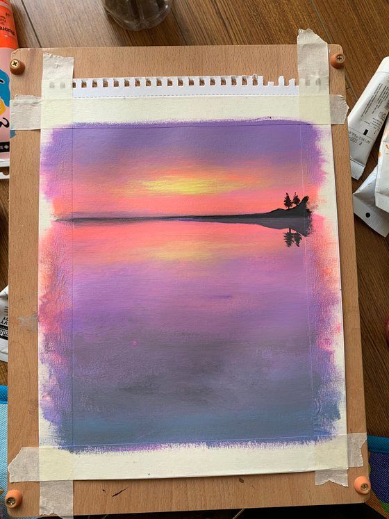 Water lily pond at sunset - 5 ! Painting on paper