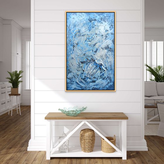 SILVER WAVES. Large Abstract Vertical Blue Silver Textured Painting