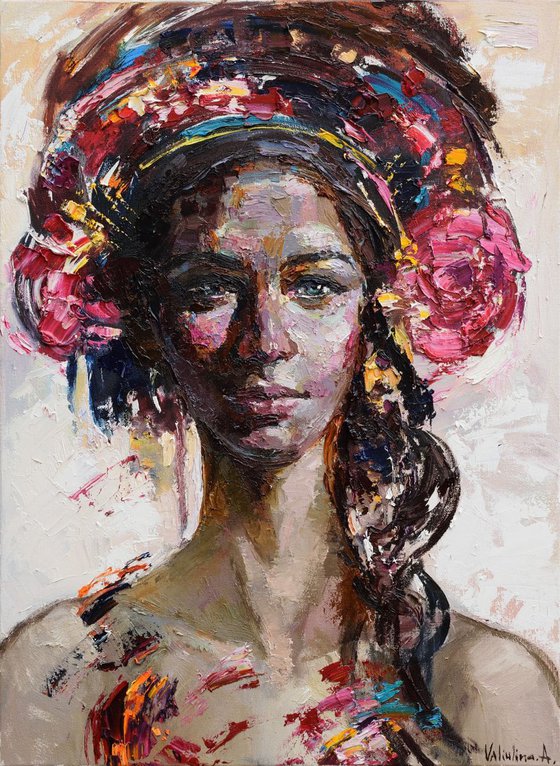 Flowers in her hair - Original oil girl portrait painting