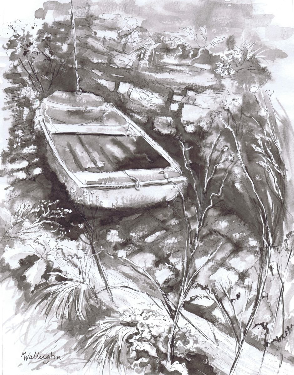 Old Boat in the Slipway - monochrome painting by Michele Wallington