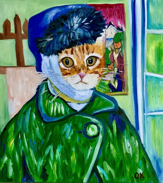 Confused Cat La Van Gogh.  Version of famous self portrait of  Vincent Van Gogh missing ear