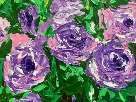 FIELD OF PURPLE PINK WHITE  ROSES  palette knife modern decor MEADOW OF FlOWERS, LANDSCAPE,  office home decor gift