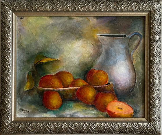 Gorgeous Red, Purple Plums Original Oil Painting 11x14 Silver Frame