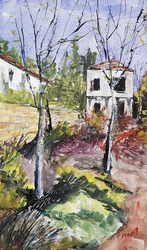 spring view of abandoned house and garden. by Leonid Kirnus