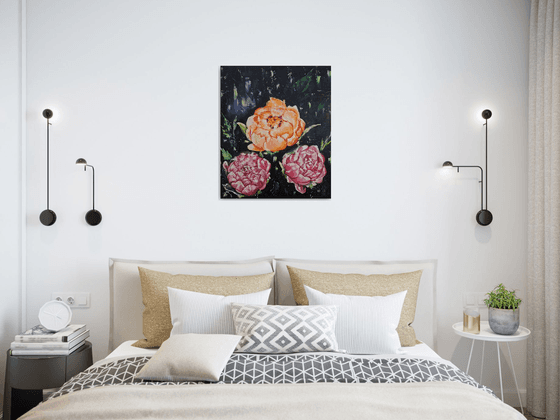 Midnight bloom, floral peonies painting