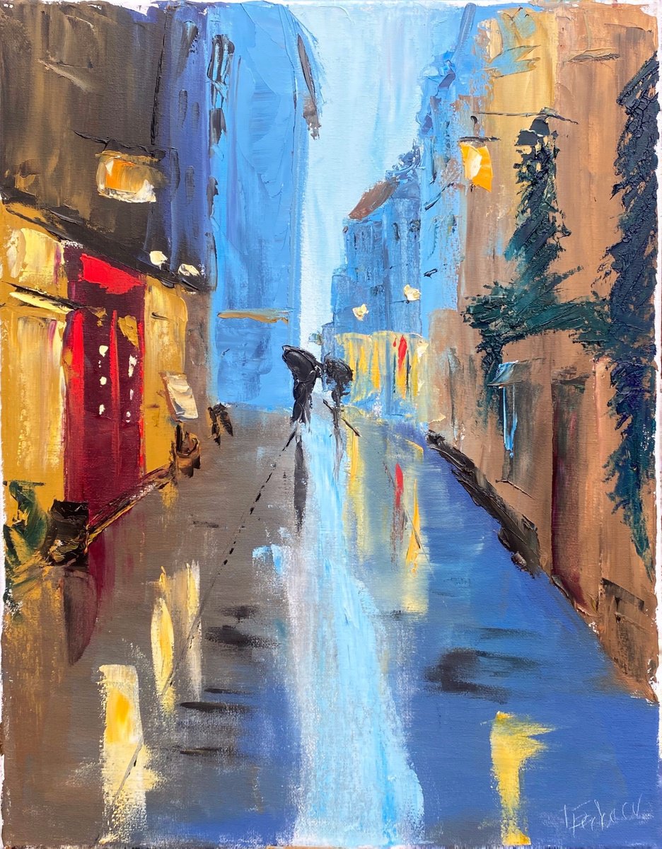 Impressionistic Cityscapes Oil Painting By Dmitry Fedorov, 16 X 20, Rainy Evening In The City, Original Artwork