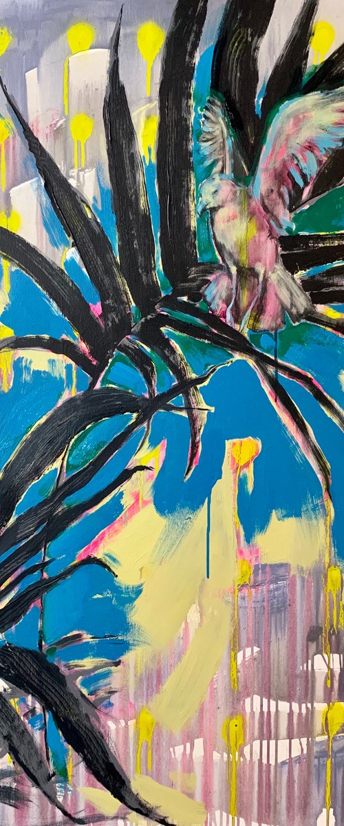 Bright painting - "Flight over a palm tree" - Pop Art - Palms - Bird - Summer - 110x95cm by Yaroslav Yasenev