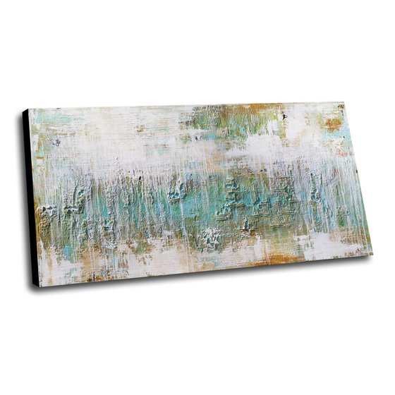 SUMMER RAIN * 63" x 31.5" * ABSTRACT TEXTURED ARTWORK ON CANVAS * WHITE * GREEN * TURQUOISE