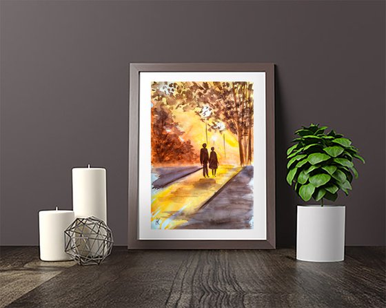 Couple Painting Fall NYC Original Art Walk in Central Park Watercolor Stroll Small Wall Art 8 by 12 inches