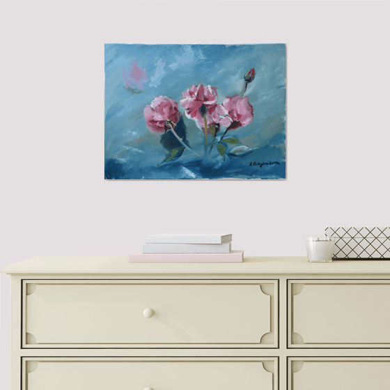 Original oil painting Roses on the marine background flowers Roses Art Home Decoration blue turquoise pink Roses Love Inspiration impressionism Garden Wall Art Rose Garden botanical