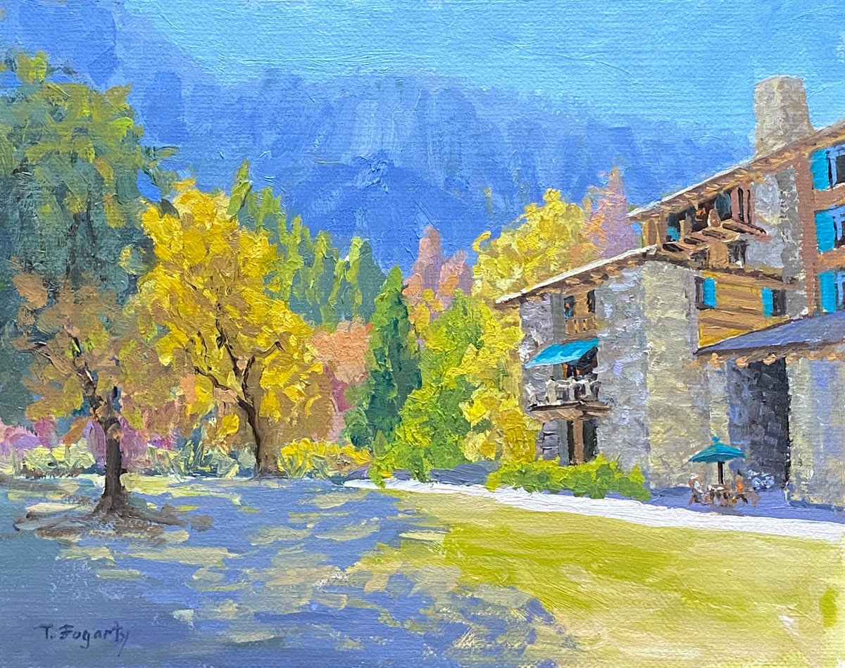 Impressionistic Landscape Oil Painting By Tatyana Fogarty, 10 X 8", Lunch At The Ahwahnee, Yosemite, Original Artwork
