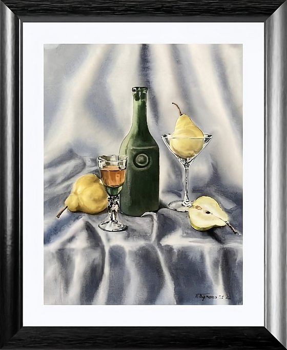Pears wine, watercolour painting