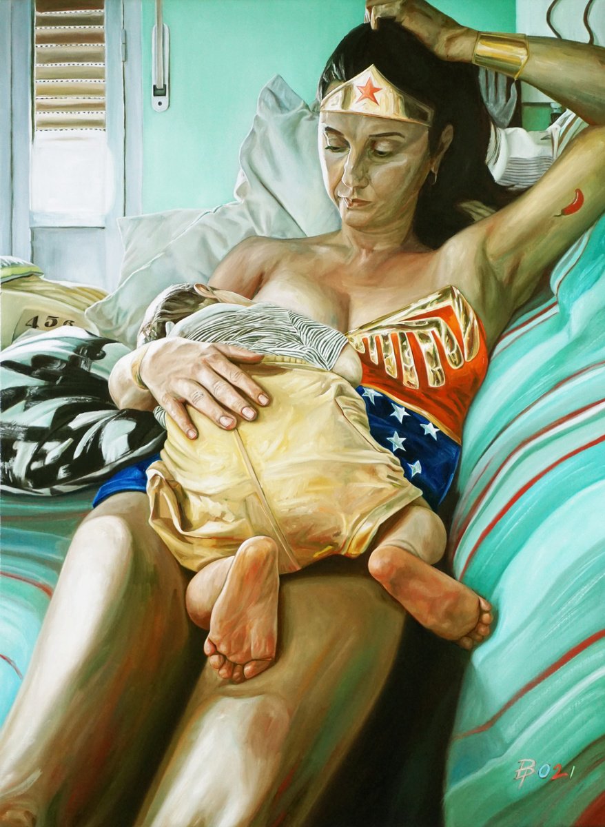 Expressive Oil Painting , Wonder Woman Nursing By Paolo Borile, 28 X 37, Artwork For Sale On Artfinder