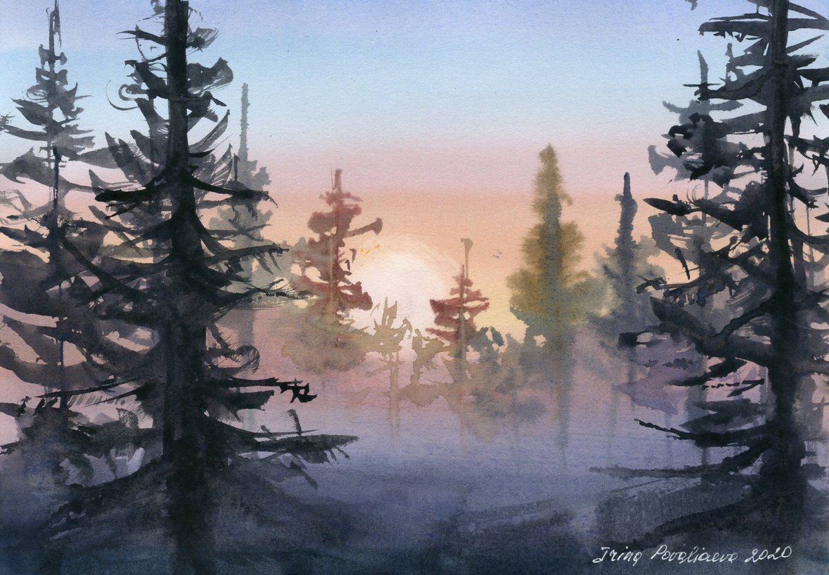 Forest sunset Original watercolor painting for decor for bedroom 20,5 x 28 cm medium size... by Irina Povaliaeva
