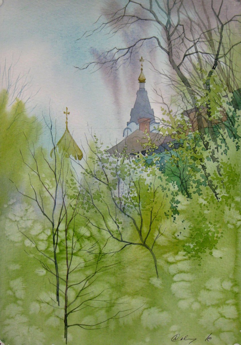 Impressionistic Landscape Watercolour By Valeriy Savenets-1, 8 X 12", Green Foliage, Original Artwork