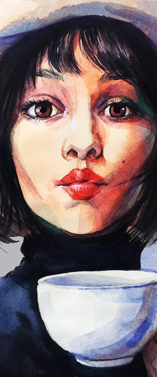 Girl with a cup of coffee, painting and print. Home decor by Natalia Veyner