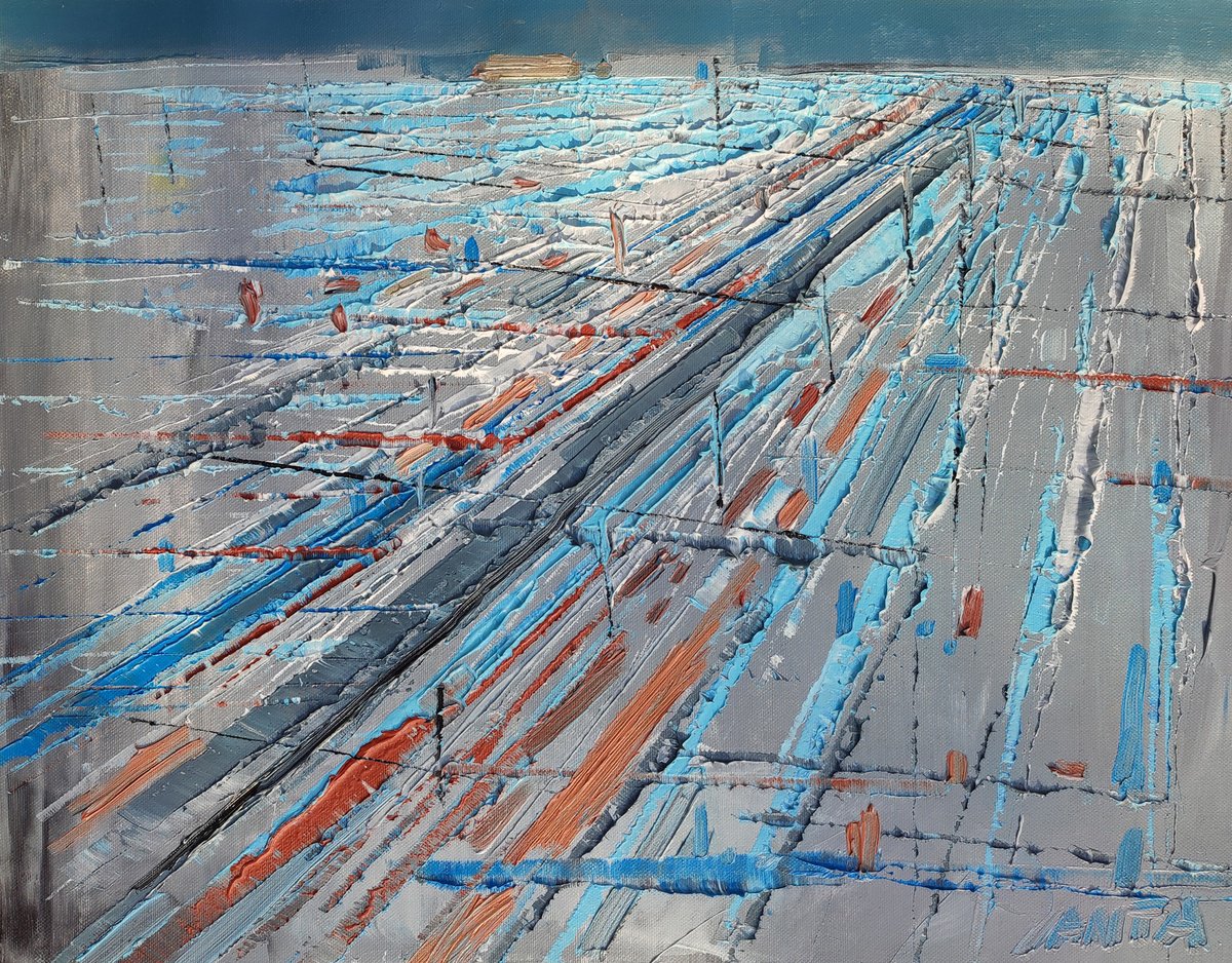 Abstract oil painting City lines 10. Size 15,7/19,7 inches, 40/50cm, stretched by Kariko ono