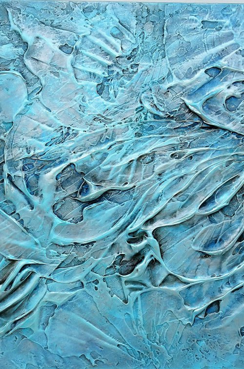 CORAL REEF II. Large Abstract Blue Teal Silver Gray Textured Painting 3D by Sveta Osborne