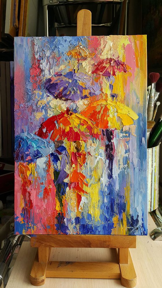 Rain in your favorite city - painting on canvas, umbrella art, people in the rain, oil painting, people art, rain, umbrella, painting canvas, impressionism,palette knife, gift