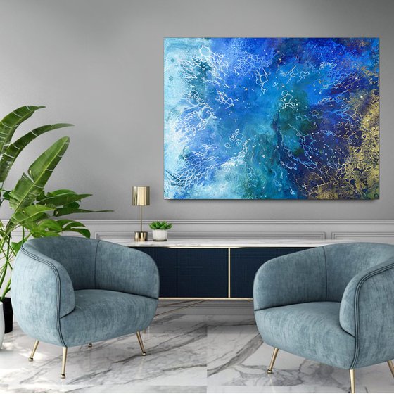 " Invitation from Neptune"modern art, contemporary art, blue, aqua, golden, sea surface, abyss, office art, home decor, gift idea.