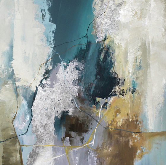 "Green Hill" Emerald silver abstract art