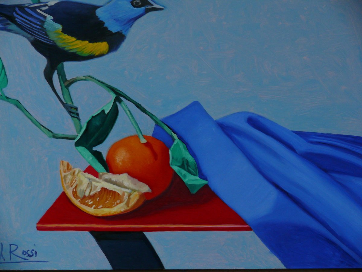 Still Life Oil Painting By Paul Rossi, 16 X 12", Still-Life With Tanager, Original Artwork