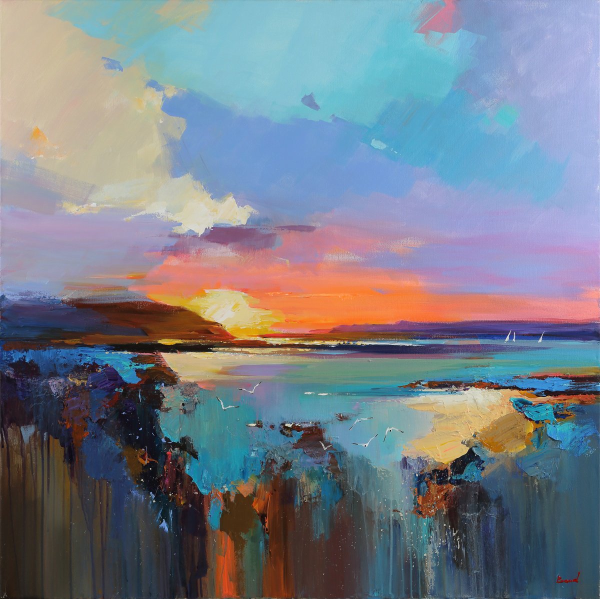 Impressionistic Landscape Oil Painting By Tetiana Bond, 35 X 35", Enjoying The Sunset, Original Artwork