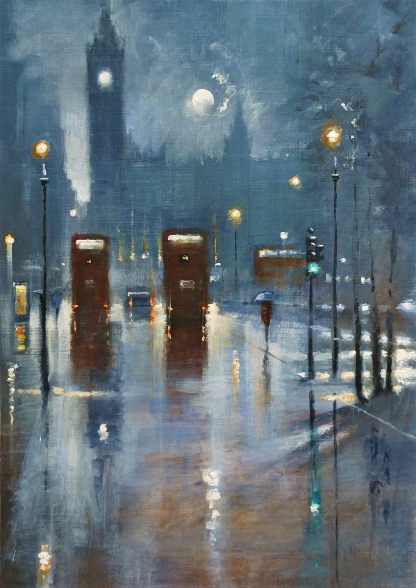 Impressionistic Cityscapes Acrylic Painting By Alan Harris, 11 X 16, London Moonlight Parliament Sq, Original Artwork