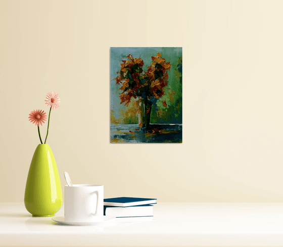 Small still life oil painting. Modern still life painting. Palette knife flowers painting