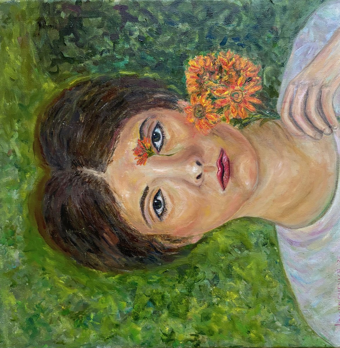 Photorealistic Portrait Oil Painting By Katia Ricci, 16 X 16", Daydreaming Under The Sky, Original Artwork