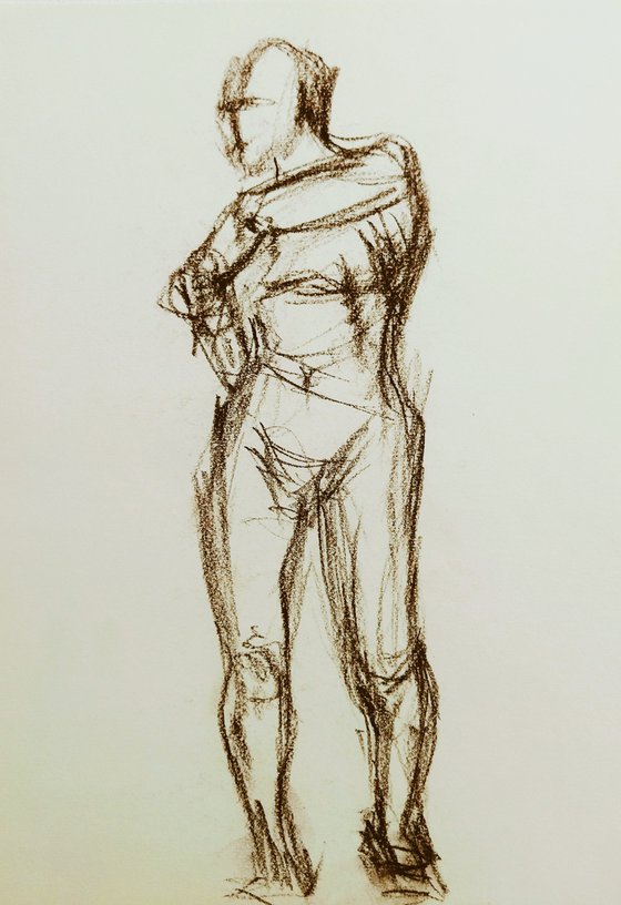 Nude. Abstract figure. Drawing with a brown pencil on paper