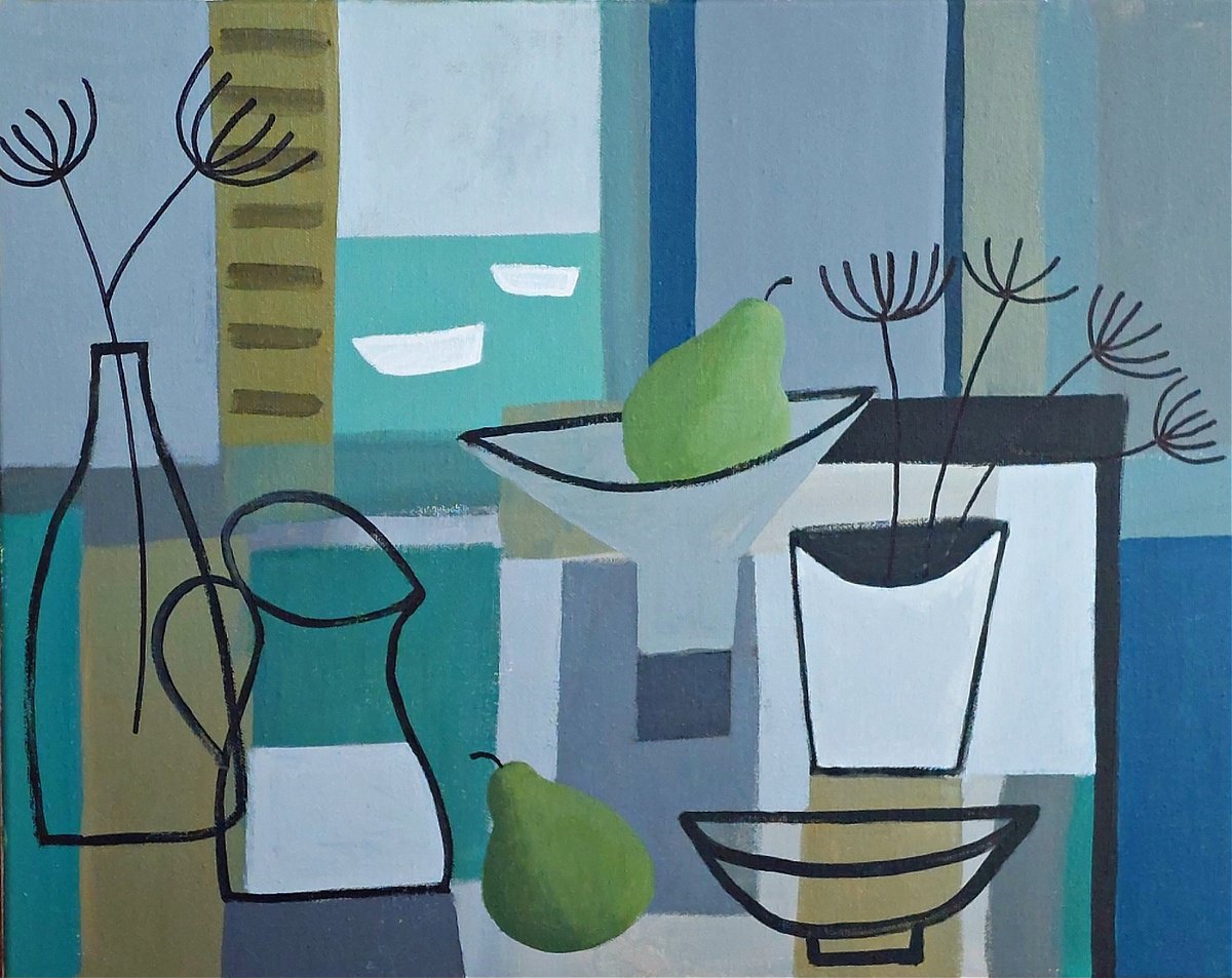 Abstract Still Life Acrylic Painting By Jan Rippingham, 20 X 16, Still Life And White Boats Ii, Original Artwork
